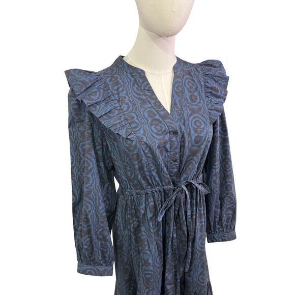 Cefinn Blue Ikat Ruffle Maxi Shirt Dress Belted Long Sleeve US 8 - Picture 9 of 9